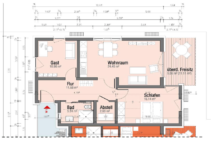 Grundriss einer Beispiel Wohnung mit 3 Zimmern und Freisitz